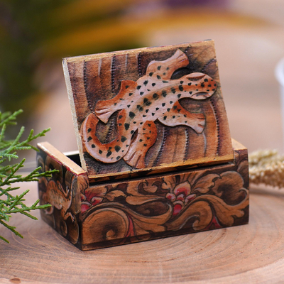 Gecko-Themed Wood Mini Jewelry Box from Bali - Gecko Forest